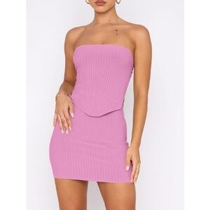 Strapless Crop Top Matching Bodycon Sexy Mini Club Dress Pink